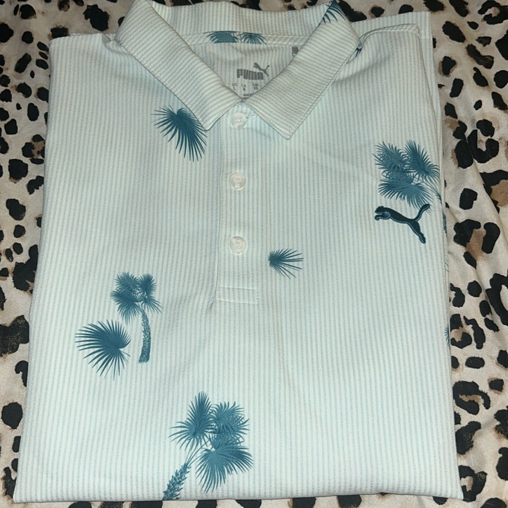 Puma Men's White Polo with Green Palm Design